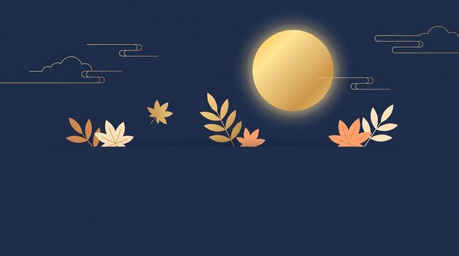 Chuseok Full Moon Night Sky Background with Autumn Leaves and Line Art Clouds