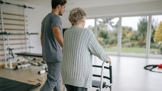 Senior woman using a walking frame in a bright rehabilitation gym, supported by a male specialist for geriatric physiotherapy and recovery