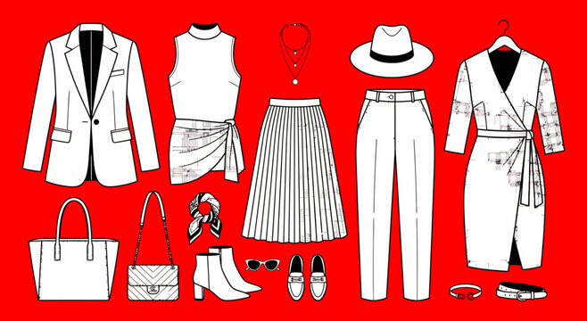 fashion apparel collection layout showcasing diverse clothing garments accessories hats and footwear arranged neatly for retail inspiration presentation and creative design styling projects