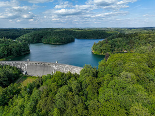 Fototapeta premium Aerial view of the Neye Reservoir, city of Wipperfürth, village of Neye, Oberbergischer Kreis, North Rhine-Westphalia, Germany.