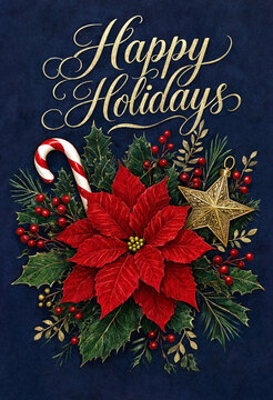 Festive happy holidays card with poinsettia candy cane and golden star decoration illustration