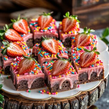 These brownies are described as a delicious combination of chocolate brownies with strawberry filling, topped with a layer of strawberry icing, fresh strawberry slices and colorful spr