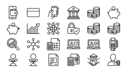 Fototapeta premium Finance and Fintech Icon Bundle, Minimalist Line Art Set. Banking, Investment, and Digital Payment Icons