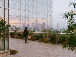 Fototapeta premium Modern rooftop terrace with a person looking at the city skyline, featuring glowing potted plants and a glass facade for urban real estate and lifestyle content