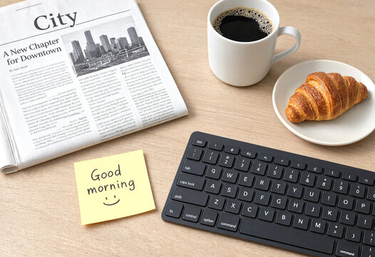 Morning workspace setup with coffee croissant newspaper and keyboard on wooden desk ready for productivity