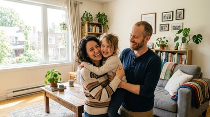Fototapeta premium A family portrait of a mother, father, and child in a cozy living room with plants and a wooden coffee table.