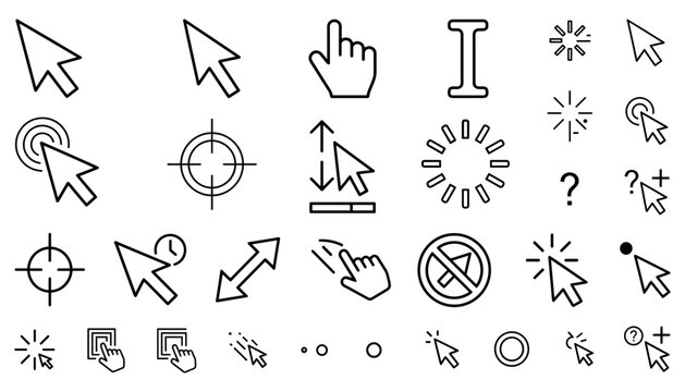 Computer Mouse Cursor Arrow and Website Pointer Interface Line Icon Set for UI Designs