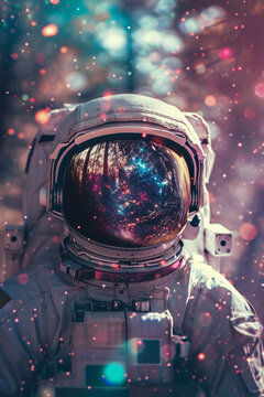 Astronaut portrait wearing a space suit featuring a sparkling cosmic galaxy nebula reflection on the helmet visor astronaut universe reflection