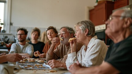 Obraz premium Diverse group of friends eating broken biscuits on a cooling rack, a natural and messy kitchen scene with copy space for a brand campaign