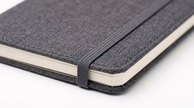 Close up of a grey fabric notebook with an elastic band closure.