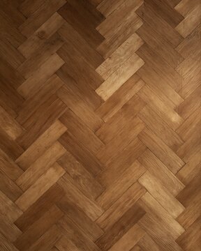 Herringbone parquet flooring with a worn timber texture and golden brown tones, featuring a polished grain for interior design and backgrounds