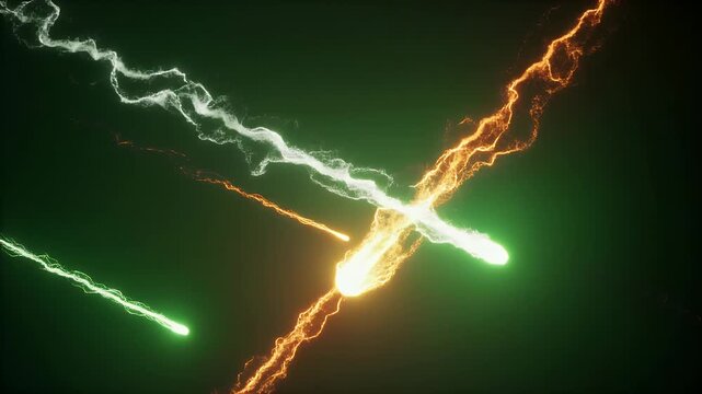 Two opposing streams of luminous energy clash against a dark background.