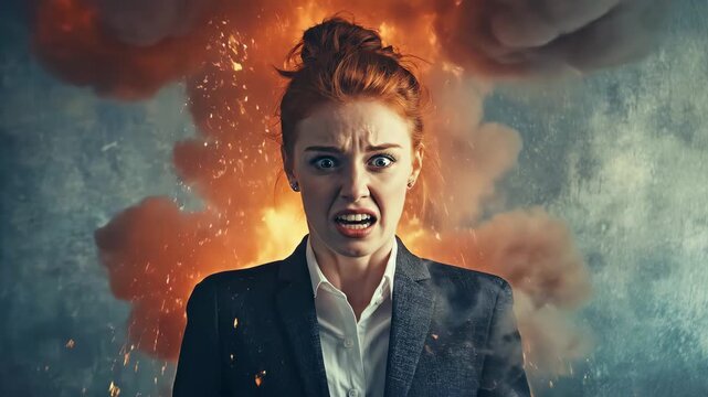 Stressed businesswoman feeling burning brain and headache during working time
