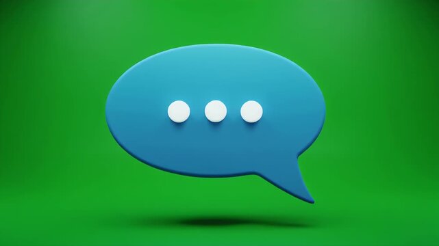 A 3D rendered blue speech bubble with three white dots against a green background.