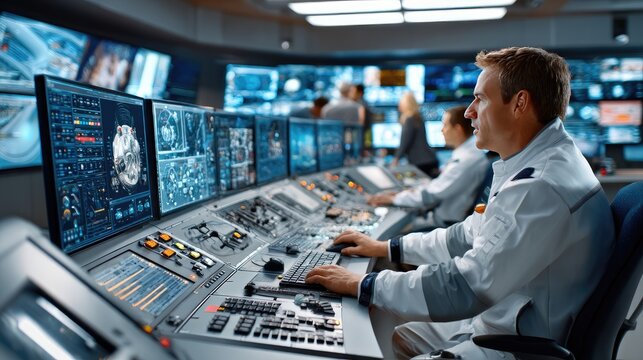 Control Room Operations: Technicians diligently monitor complex systems and data streams on multiple screens in a high-tech control center, ensuring seamless operations and security.