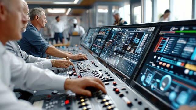 Control Room Operations: Engineers meticulously monitor complex data streams displayed on multiple screens within a sophisticated control room, overseeing critical systems.