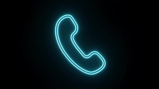A bright blue neon outline of a classic telephone receiver glows against a dark background.