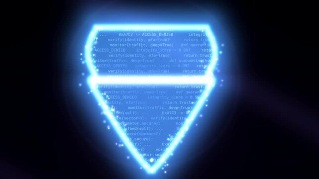 Glowing Neon Cybersecurity Shield with Programming Code and Target Reticle. Digital Data Protection, Antivirus Firewall and Network Security Concept.
