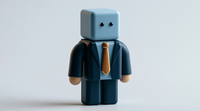 青いスーツを着たキューブ頭の3Dビジネスマンキャラクターの背景