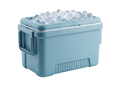 Blue plastic cooler box filled with ice cubes for keeping drinks cold isolated on transparent background