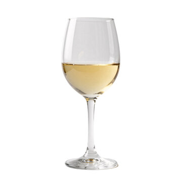 Clear glass goblet filled with pale yellow wine on a white background
