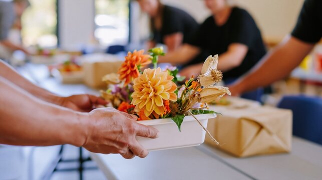 Hands of a Southeast Asian man carrying a dahlia flower arrangement across a grey trestle table for a harvest potluck, with copy space