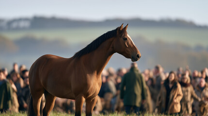 Obraz premium Majestic Brown Horse Standing Proudly at the Annual Traditional Ballinasloe Horse Fair Gathering
