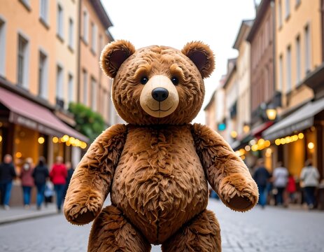 Teddy bear sitting on a stone ledge outdoors.