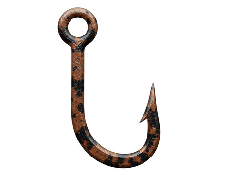 Rusty old metal fishing hook with textured surface isolated on transparent background