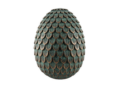 A decorative dragon egg with dark green metal scales and bronze edges isolated on transparent background