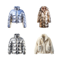 Fototapeta premium Collection of four stylish winter jackets including metallic puffer and faux fur coats isolated on transparent background