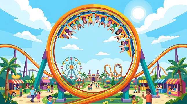 A thrilling roller coaster loop with passengers experiencing excitement at a sunny amusement park