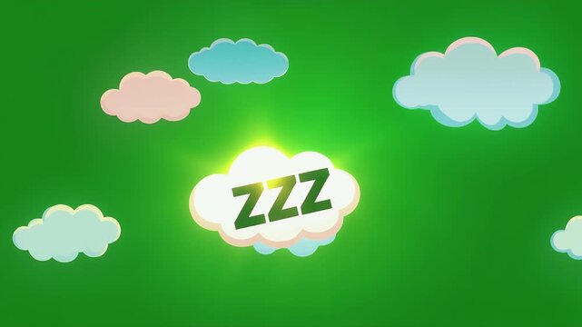 Cute cartoon clouds with ZZZ text indicating sleep on a green background.