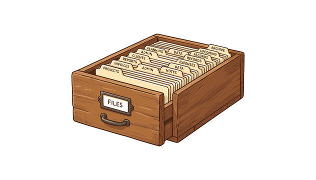 : Vintage wooden filing cabinet drawer filled with organized document folder Vintage wooden filing cabinet drawer filled with organized document folders ans and tab labels vector illustration isolated