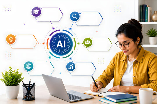 Young woman student wearing glasses studying with laptop and writing notes while looking at an artificial intelligence infographic concept on the wall in her home office