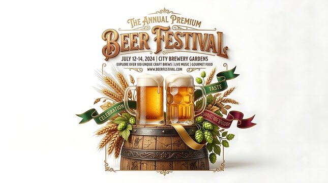 Annual Premium Beer Festival poster with two mugs of golden lager on a wooden barrel