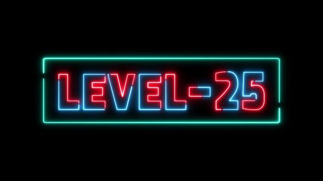 level-25 glowing neon text animation. Glowing level-25 text with glitch effects animation. game concept next level icon. Animation of level-25 title animation.