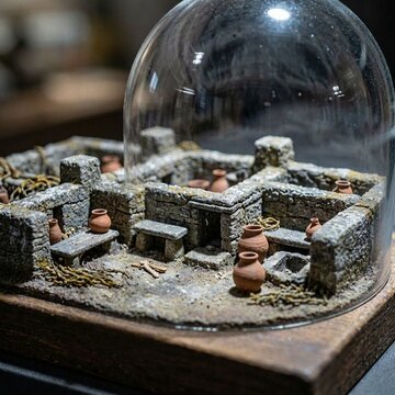 A miniature museum diorama of Skara Brae toilets, complete with tiny stone furniture and clay vessels