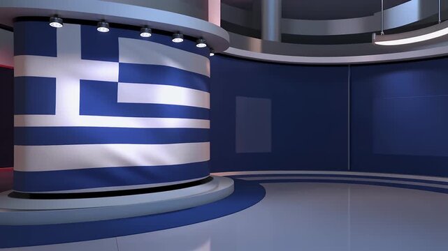 Modern studio set featuring the Greek flag emblem and blue design.