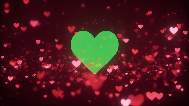 A vibrant green heart hovers above a field of glowing red hearts.