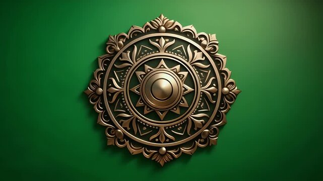 An ornate golden mandala-like design is centered on a gradient green background.