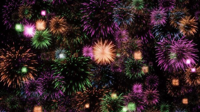 Vibrant fireworks explode in a dazzling display against a dark night sky.