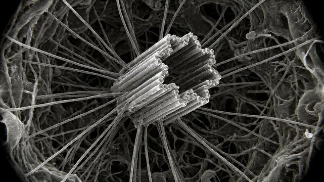 Extreme Magnification of Centriole Emitting Microtubules in Dense Organic Tissue