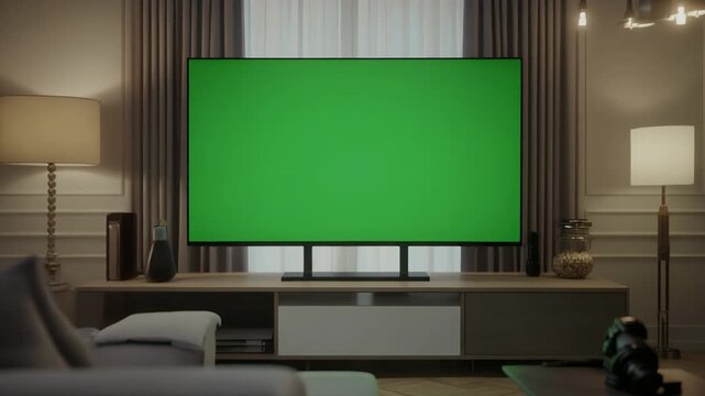 A modern living room setup with a large green screen television and comfortable seating.