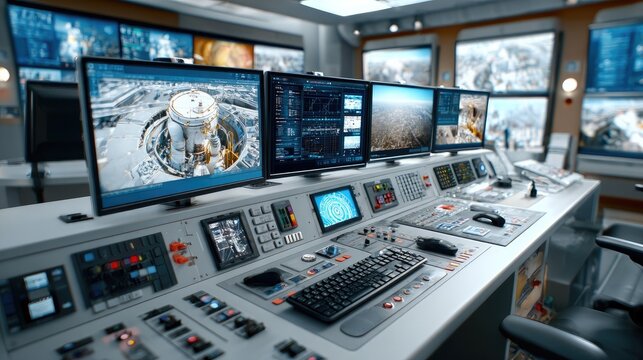 Command Center Display: A high-tech command center filled with monitors displaying various information, control panels, and electronic equipment, signifying operations and surveillance.