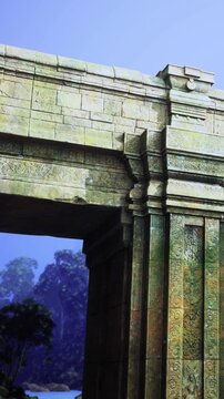 Beneath a clear blue sky, a majestic stone archway stands tall, adorned with intricate carvings. Lush trees and natural beauty surround this atmospheric scene, evoking a sense of tranquility.