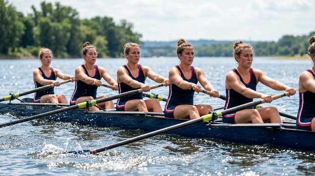 Women's rowing team practicing on a calm river during daytime