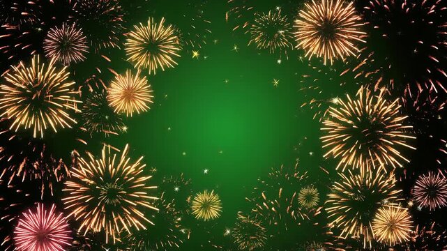 Bright orange and yellow fireworks explode against a dark green background.