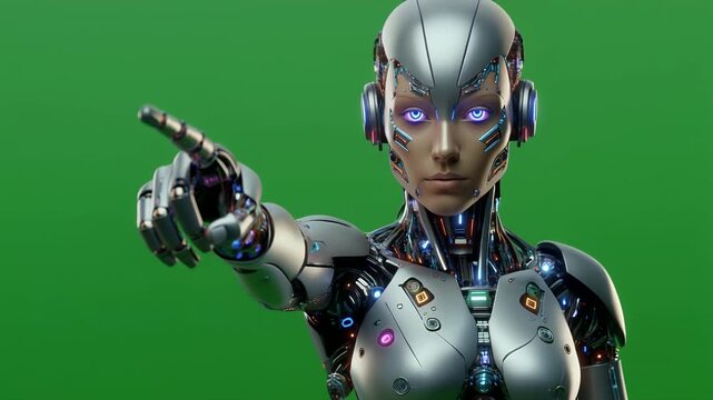 A robotic hand points forward against a green screen background.