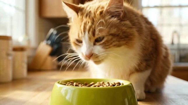 Ginger tabby cat eating dry food from green bowl